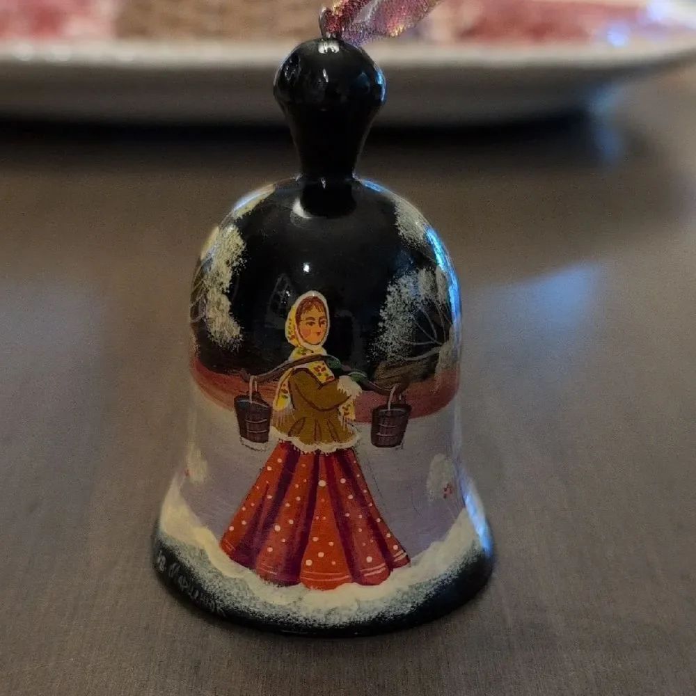 Vintage Hand-Painted Russian Lacquer Wood Bell Christmas Ornament